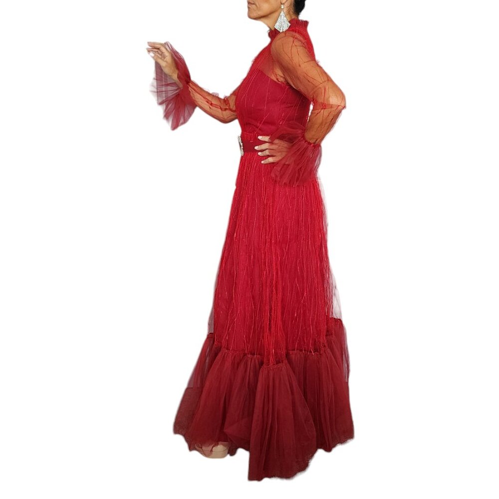 Women's Red Tulle Evening Gown with Sheer Sleeves, Rhinestone Belt Size S